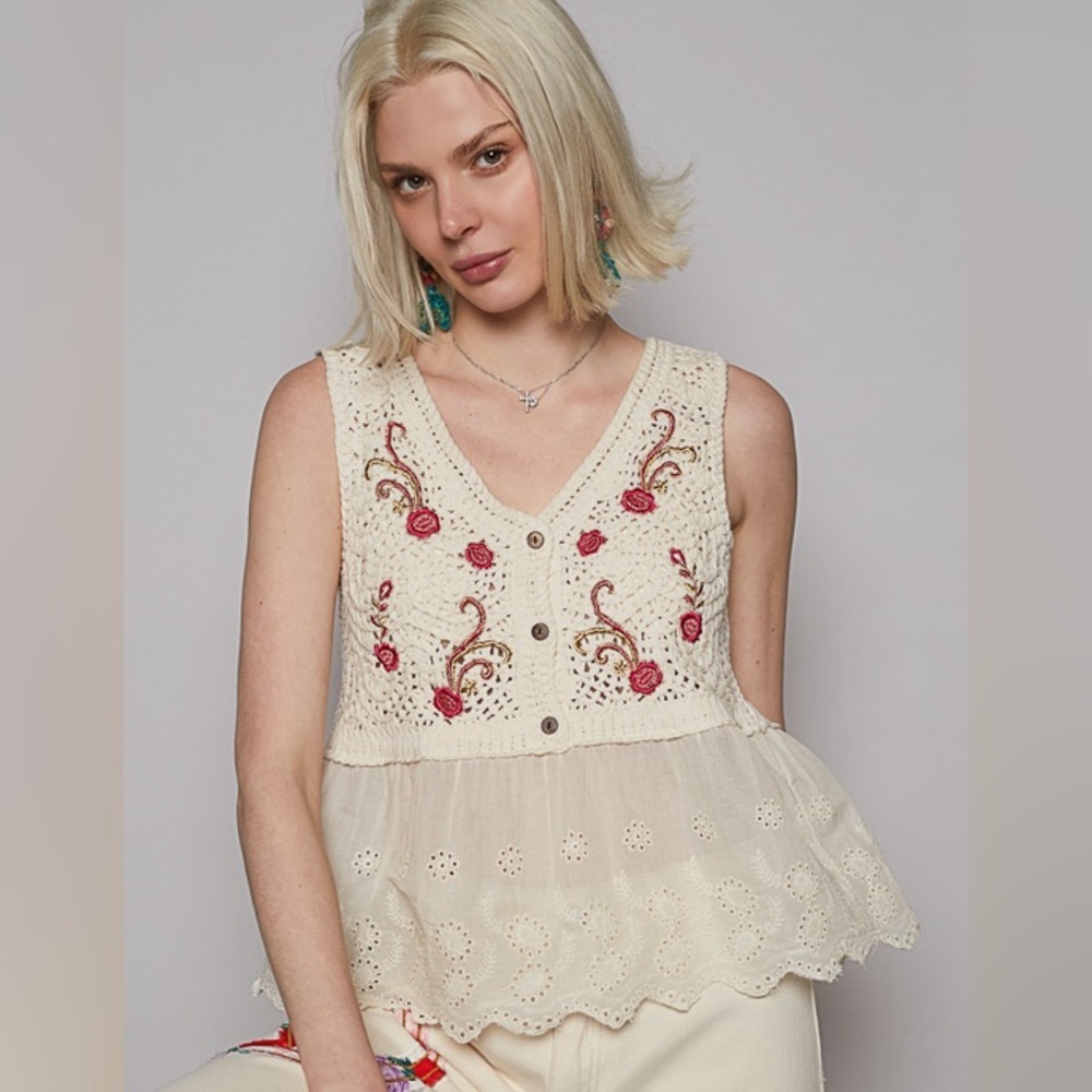 NEW POL Crochet Embroidered Floral Tank Top • Boho V-Neck Beach Summer OS